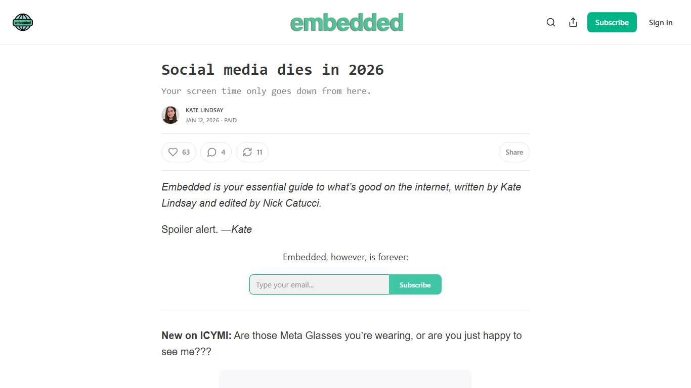 Social media dies in 2026 - by kate lindsay - Embedded